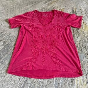 Karyn Seo Marya Geometric Floral Embroidered V-Neck Short Sleeve Top large